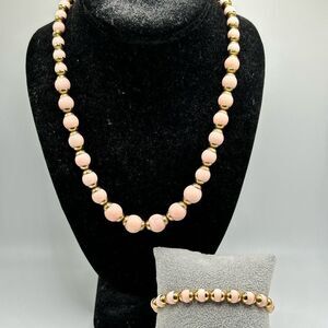 Vintage Avon Gold Tone and Pink Beaded Accents Necklace and Bracelet Set